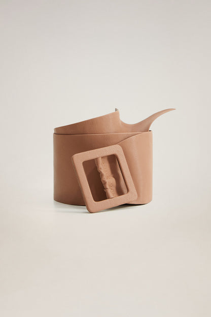 Beige wide belt with oversized square buckle, curved open profile