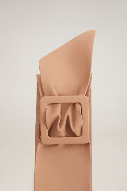 Beige wide belt with square buckle detail and curved strap edges