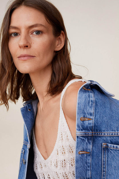 MANGO off-white crochet V-neck camisole with delicate openwork knit