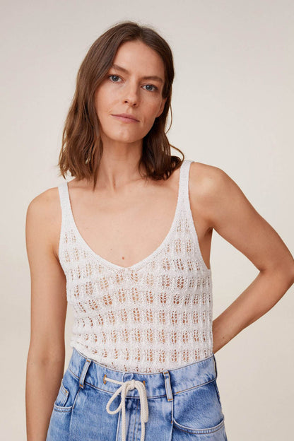 MANGO off-white crochet sleeveless camisole tank with V-neck and thin straps