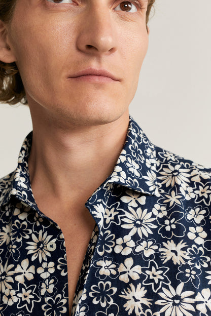 Floral button-up shirt collar, dark blue with white flower print