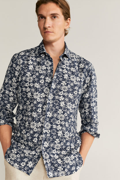 MANGO floral button-up shirt, navy with white flower pattern, long sleeves