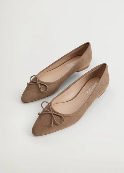 MANGO light brown ballet flats with bow tie and tan insoles, angled view