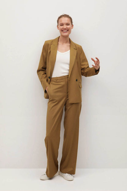 Women’s medium-brown suit set with blazer and wide-leg trousers, notched lapels