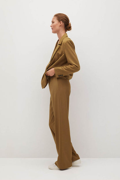 Women’s medium-brown blazer and wide-leg trousers set, cuff buttons and side seams