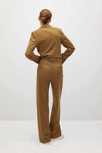 Women’s medium-brown suit set, blazer back view and wide-leg trousers