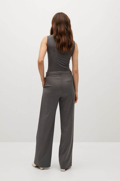 MANGO grey wide-leg trousers, back view with center seam and belt loops