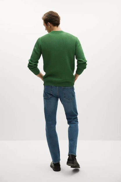 Green knit crewneck sweater, long sleeves, back view