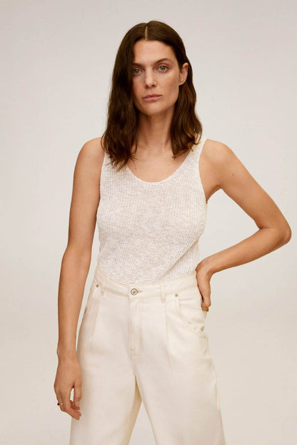 MANGO ecru textured sleeveless knit tank and high-rise trousers, front view