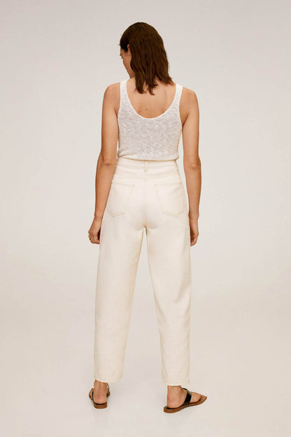 MANGO ecru textured sleeveless knit tank and high-rise trousers, back view