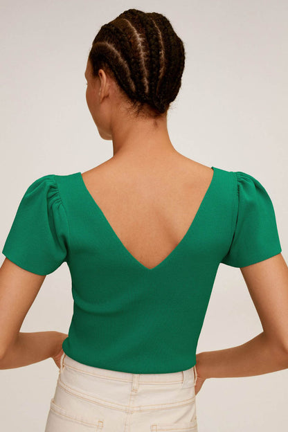 Green V-back blouse with gathered puff sleeves and short length