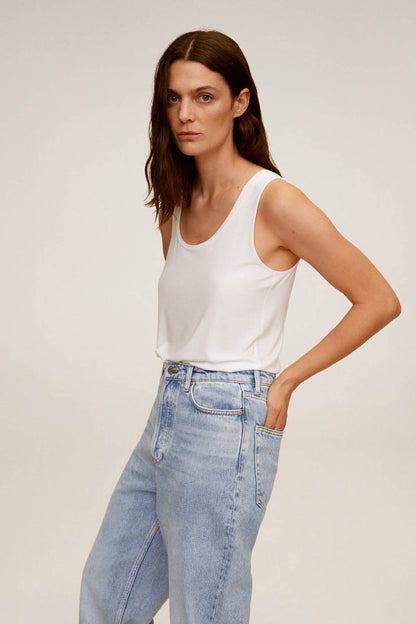 White sleeveless tank top front view with straight hemline
