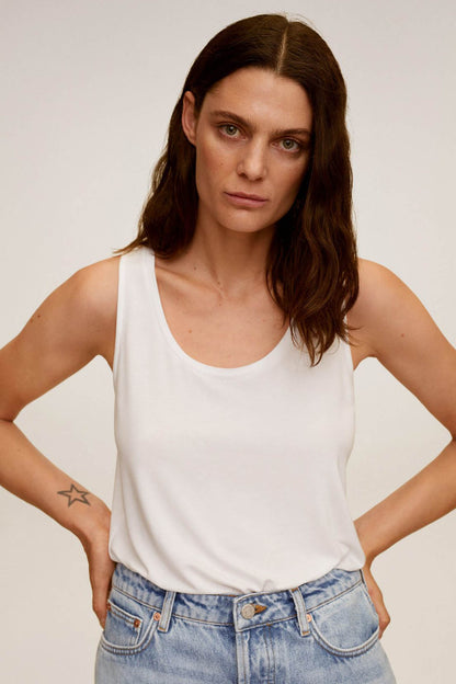 White sleeveless tank top with scoop neckline, front view