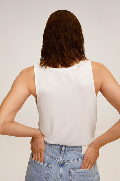 White sleeveless tank top, back view with scooped neckline