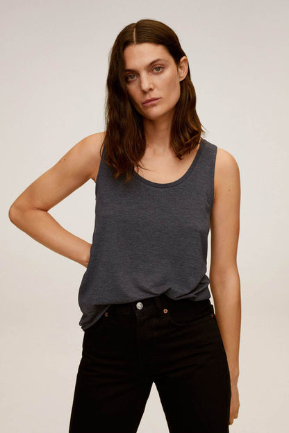 Women's medium heather grey sleeveless tank top with crew neckline