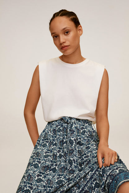 Blue patterned maxi skirt with ruched elastic waist