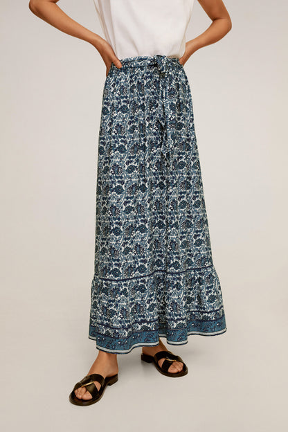 Blue patterned maxi skirt with elastic waist and tiered hem