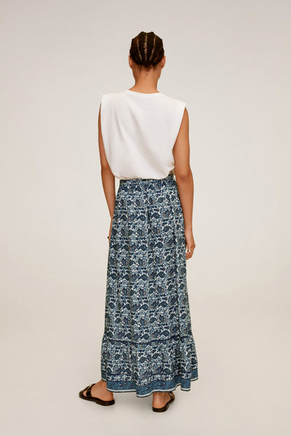 Blue patterned maxi skirt with elastic waist, back view