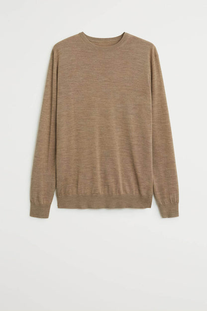 Crewneck knit sweater, long sleeves, solid medium brown