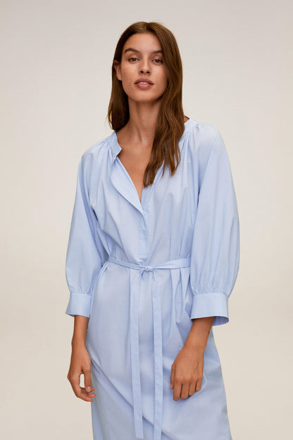 Sky blue belted midi shirt dress with V-neck and puff sleeves