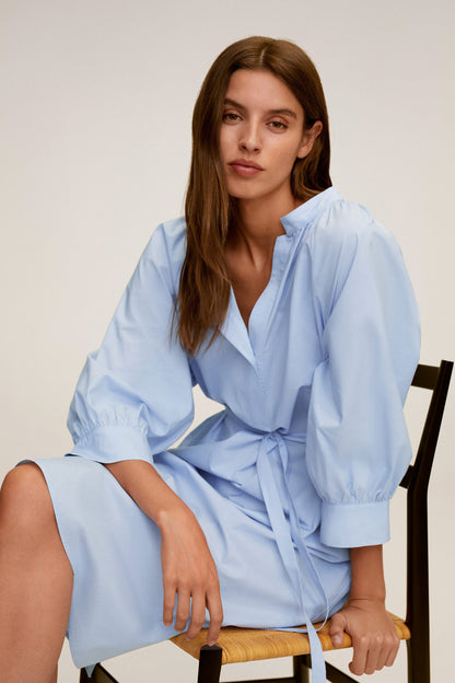 Sky blue belted midi shirt dress with cuffed puff sleeves and V-neck front
