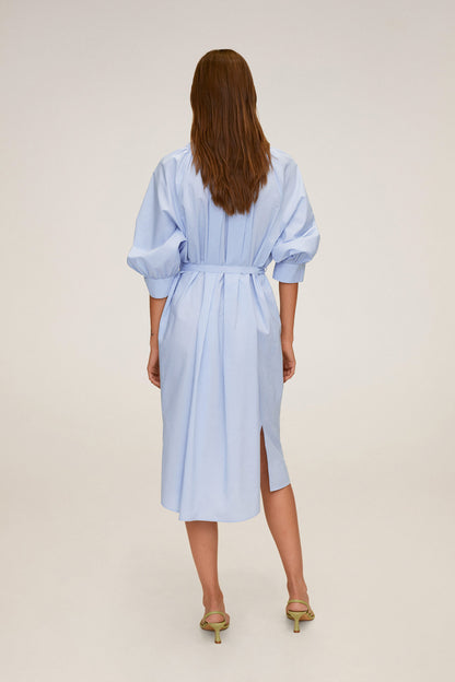 Sky blue belted midi shirt dress, back view with gathered sleeves and tied waist