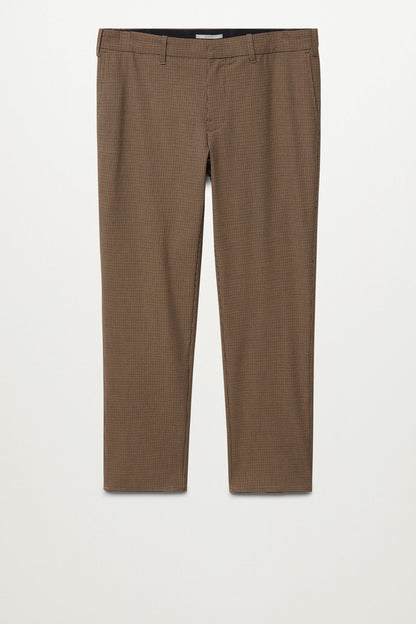 Beige and brown houndstooth check trousers with belt loops and buttoned fly