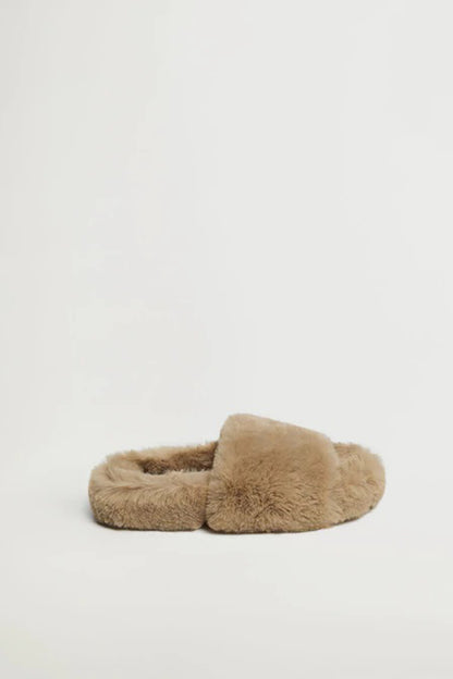 Brown plush slide slippers with open heel and cushioned footbed