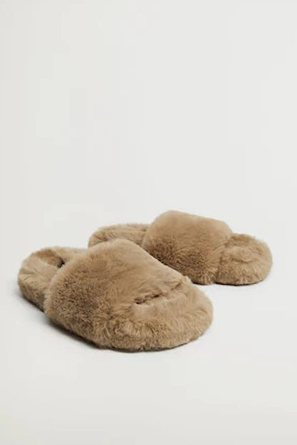 Brown plush open-toe slippers, two-quarter view