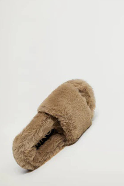 Brown fluffy slide slippers with open back and padded interior