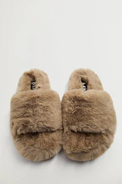 Brown faux-fur mule slippers with cushioned toe and open heel