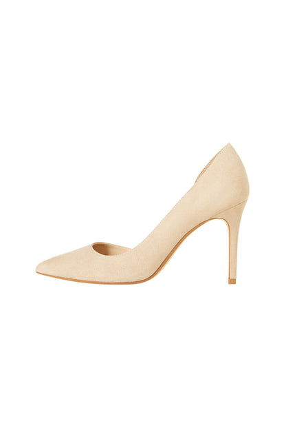 Light pastel grey suede pointed-toe stiletto heels, front view