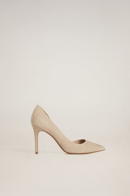 Light pastel grey suede stiletto heels, pointed toe and slim heel