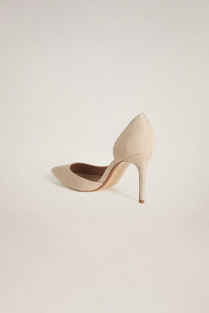 Light pastel grey suede stiletto heel shoe, side view with pointed toe
