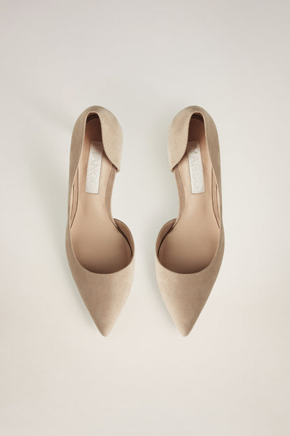 Light pastel grey suede pointed-toe pumps with slim stiletto heels