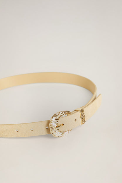 Beige belt with gold-tone oval buckle, shown in profile