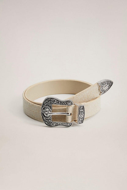 Sand canvas belt with ornate silver buckle and adjustable holes