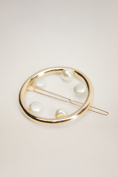 MANGO gold round pearl brooch pin with pearl details and thin needle clasp