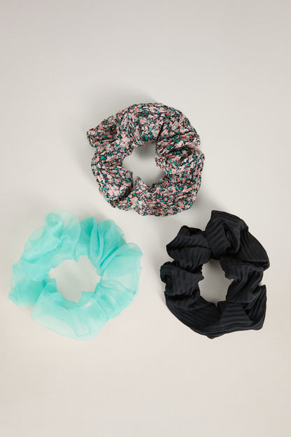 MANGO scrunchie set: multicolor knit, aqua sheer, and black gathered scrunchies
