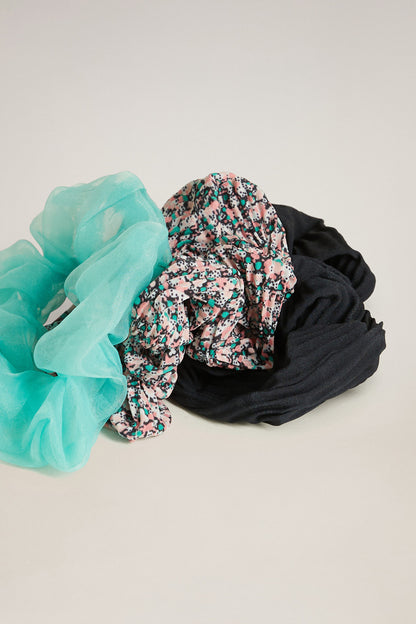 MANGO scrunchie set with multicolor knit, black gathered, and large aqua sheer scrunchie