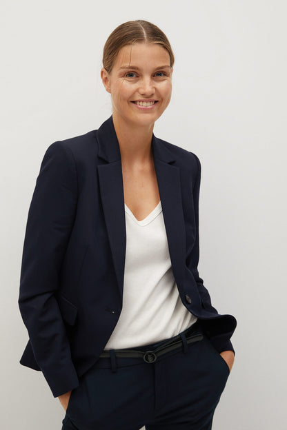 Women's dark navy blazer with notched lapels, single-button front, long sleeves