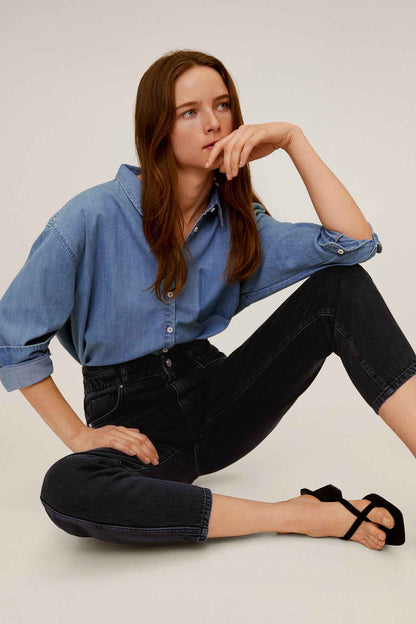 Black denim jeans, straight leg with ankle cuff and front button closure