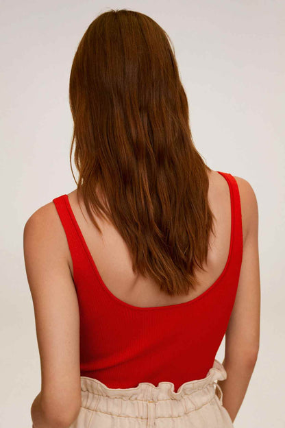 Red ribbed V-neck sleeveless tank top, back view