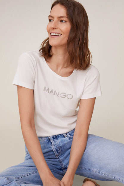 White crew-neck T-shirt with logo print on chest, short sleeves