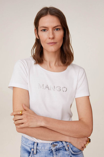 White crew-neck T-shirt with short sleeves and centered logo print