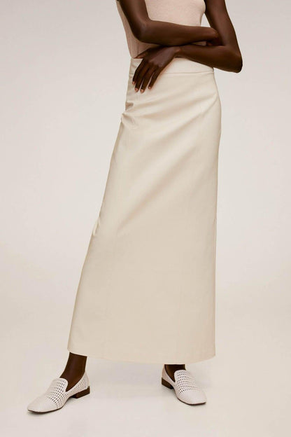 Beige sleeveless midi dress with fitted waist and straight skirt hem