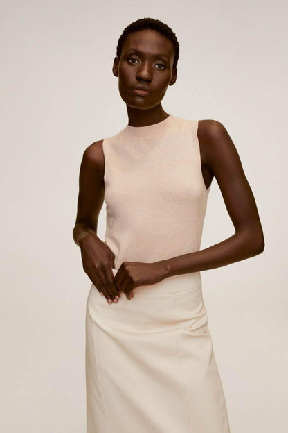 Beige sleeveless midi dress with crew neckline and relaxed, straight silhouette