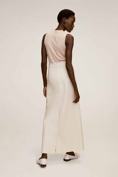 Beige sleeveless midi dress, back view with sleeveless cut and straight skirt