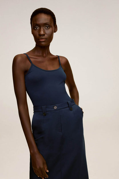 Dark navy sleeveless spaghetti-strap dress with buttoned waist