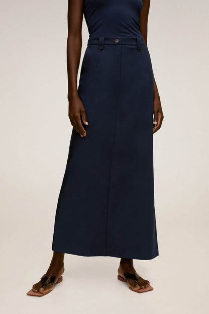 Dark navy button-front midi skirt with front buttons